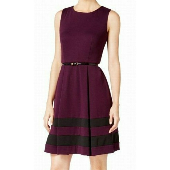 Calvin Klein Belted Pleated Ponte Striped Dress - Picture 1 of 6